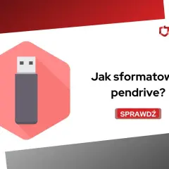 Grafika z ikoną pendrive'a i tekstem "Jak sformatować pendrive?". Kliknij "Sprawdź", aby dowiedzieć się więcej.