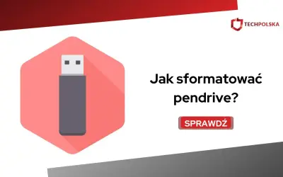 Grafika z ikoną pendrive'a i tekstem "Jak sformatować pendrive?". Kliknij "Sprawdź", aby dowiedzieć się więcej.