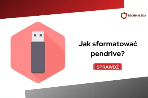 Grafika z ikoną pendrive'a i tekstem "Jak sformatować pendrive?". Kliknij "Sprawdź", aby dowiedzieć się więcej.