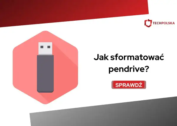 Grafika z ikoną pendrive'a i tekstem "Jak sformatować pendrive?". Kliknij "Sprawdź", aby dowiedzieć się więcej.